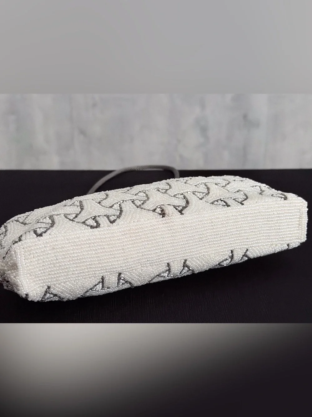 VTG Beaded Clutch Evening Bag Off Wht Silver Geometric Art Deco Purse Chain Str